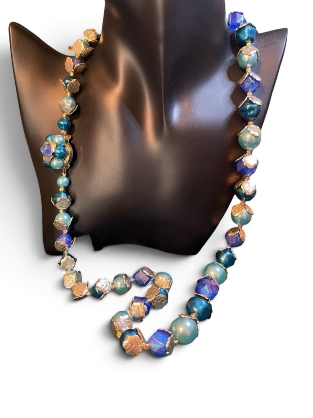 Vintage Hong Kong Iridescent Blue Beaded Silver-Tone Ornate Statement Necklace
